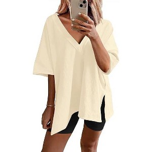 Ekouaer Womens Pajamas 2 Piece Lounge Sets Oversized V Neck T-Shirts Tops Biker Shorts Set Workout Reversible Tracksuit - 1 of 4