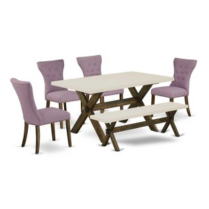 HomeStock 6-Piece Rectangle Distressed Jacobean Finish Solid Wood Top Dining Table with 1-Bench, 4-Chairs - 1 of 4