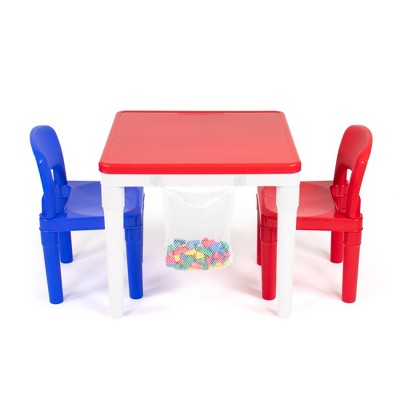 White and Primary Plastic Kids Activity Table with 2 Chairs and Building Blocks