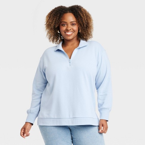 Women s Quarter Zip Pullover Sweatshirt Ava Viv Light Blue 1x Target