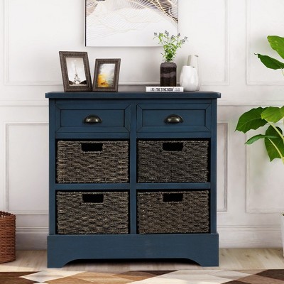 Rustic Storage Cabinet with Two Drawers and Four Classic Rattan Basket