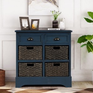 Rustic Storage Cabinet with Two Drawers and Four Classic Rattan Basket - 1 of 4