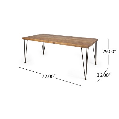 72" Teak Finish Acacia Wood Dining Table with Rustic Iron Hairpin Legs