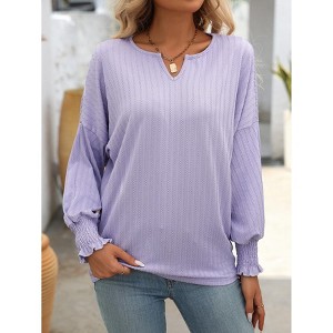 Women's V-Neck T-Shirt Ruffle Cuff Drop Shoulder Long Sleeve Top - 1 of 4