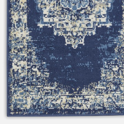 Elegant Navy Blue Medallion Medium Synthetic Rug