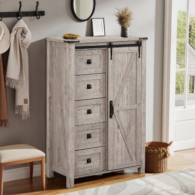 SinCiDo Farmhouse Modern 5 Drawer Tall Dresser w/Sliding Barn Door, Storage Organizer Dresser for Bedroom, Living Room & Kids Room