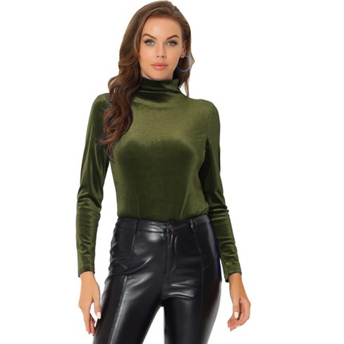 Allegra K Women s Solid Turtleneck Velvet Long Sleeve Work Basic Velour Blouse Olive Green X small Target