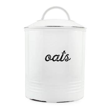 AuldHome Design Farmhouse White Enamelware Oatmeal Canister; Rustic Distressed Oats Storage for Kitchen