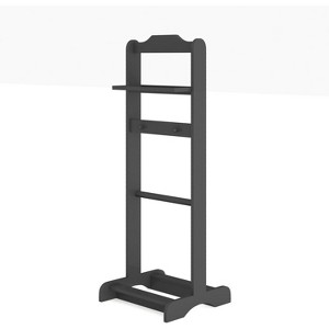Portable Wooden Clothes Rack, 5-in-1 Suit Valet Stand with Shoe Shelf, Coat Hanger & Top Tray, 47.24" Tall, Black - 1 of 4