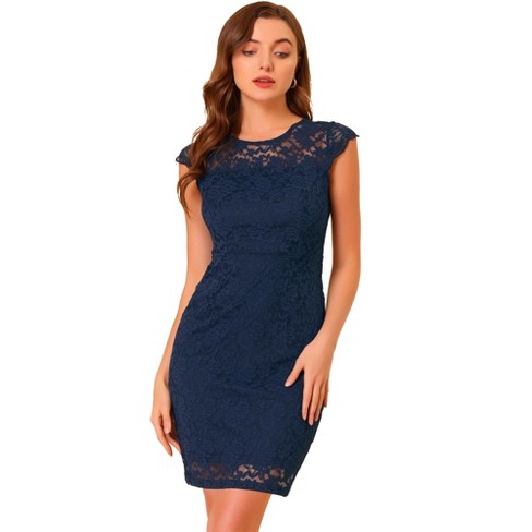 Allegra K Women's Elegant Stretch Knit Cap Sleeve Allover Floral Lace  Bodycon Dress Navy Blue X-Large