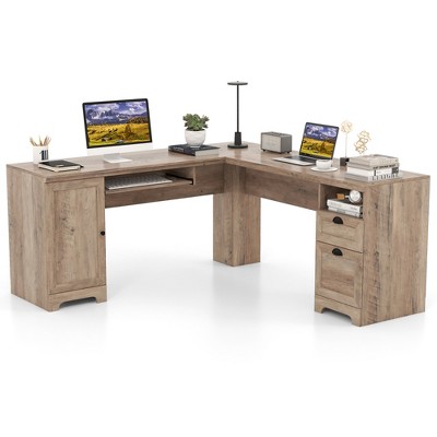 Tangkula 66 Inch L-Shaped Computer Desk Spacious Corner Desk w/ Drawers & Cabinet