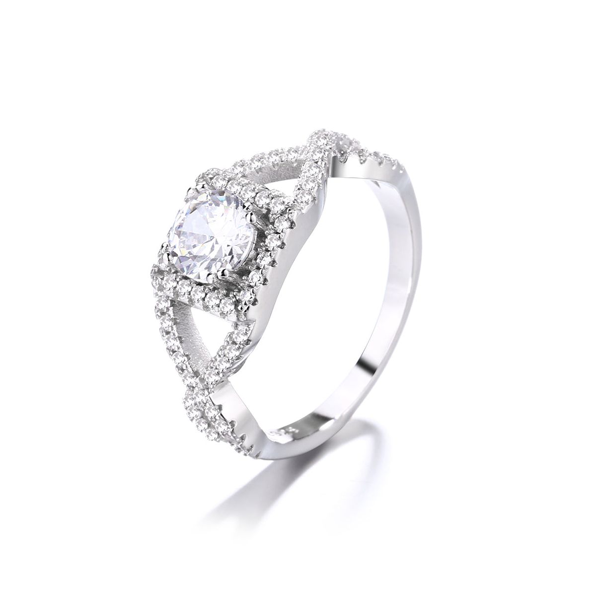 Sterling Silver Split Shank Halo Simulated Diamond Engagement Ring