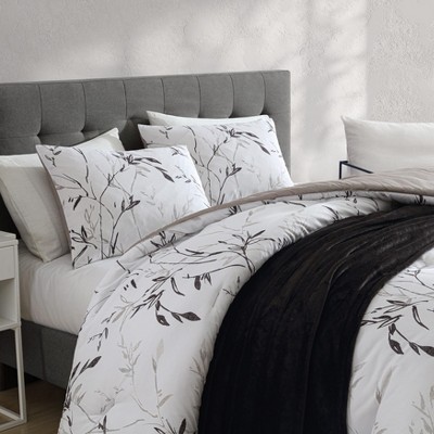Full Black and Warm Grey Microfiber Reversible Bedspread Set