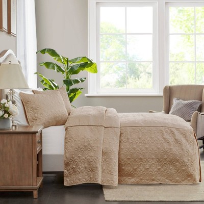 Khaki Queen Microfiber Quilted Bedspread Set with Floral Motif