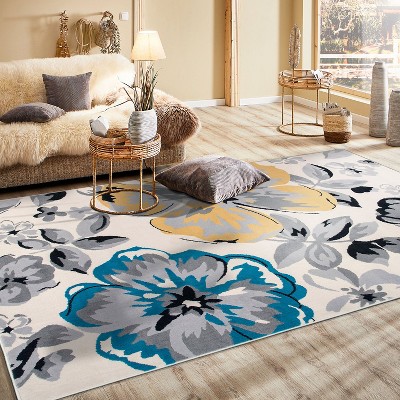 Cream Floral Synthetic 5' x 7' Reversible Area Rug
