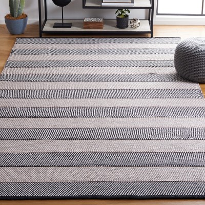 Ivory and Black Wool Cotton Striped 3' x 5' Handmade Rug