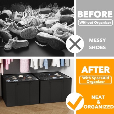Black Foldable Fabric Shoe Organizer with Adjustable Dividers, Set of 2