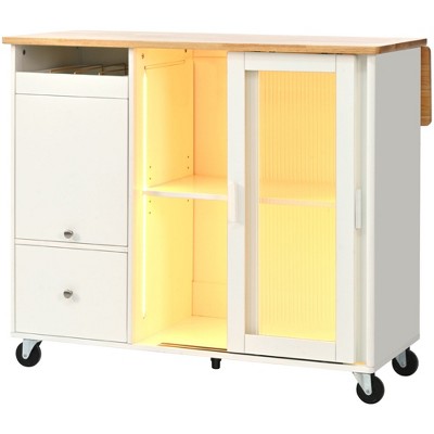 NicBex 2 Drawer Rolling Kitchen Island Cart with Drop Leaf,Kitchen Island on Wheels with LED Light and Glass Doors,Island Table for Kitchen