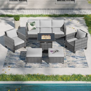 Sonkuki 6 Pieces Patio Sofa with Square Fire Pit Table and Ottomans, Wicker Conversation Couch,  Navy Blue Cushion - 1 of 4
