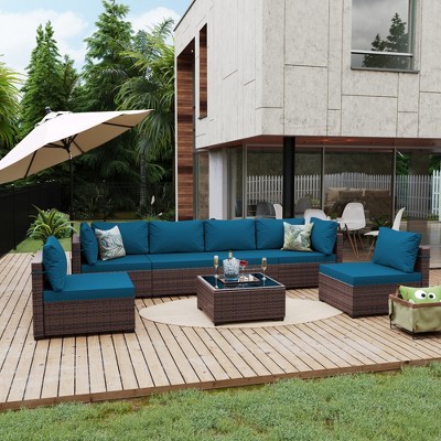 UPHA 7-Piece Brown Rattan Patio Sofa Conversation Set with Cushions