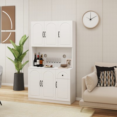 DOMETOUR 71'' Kitchen Pantry Cabinet with Microwave Countertop, Adjustable Shelves, 6 Doors & 1 Drawer, Freestanding Hutch - White