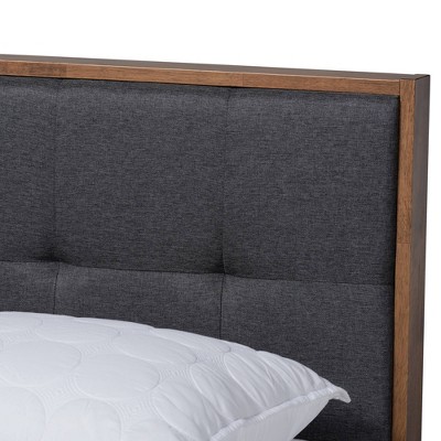 Full Dark Grey Upholstered Walnut Wood Platform Bed