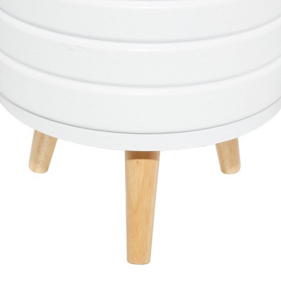 Set of 3 White Fiber Clay Etched Planters with Wooden Tripod Stand
