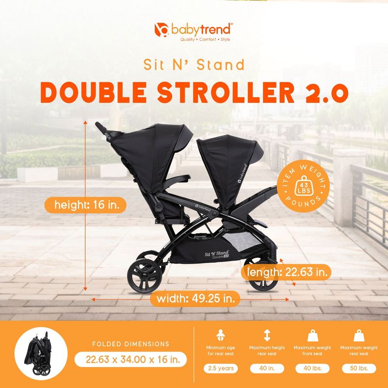 Baby Trend Sit N' Stand Double Stroller 2.0 DLX with 5 Point Safety Harness, Canopy, Extra Basket, 2 Cup Holders & Covered Compartment, Stormy, 5 of 7