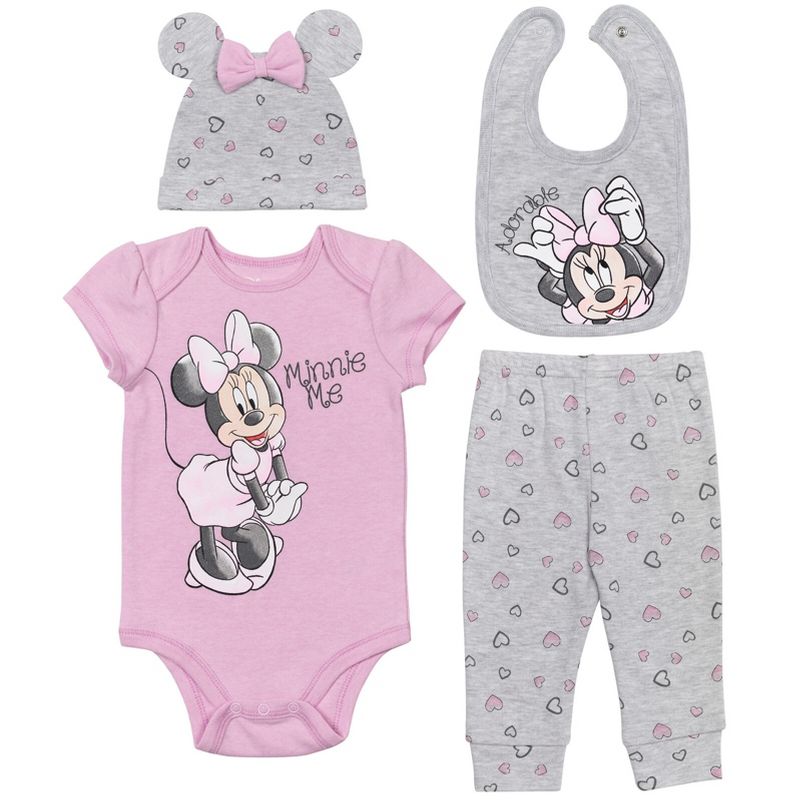 Disney Minnie Mouse Baby Girls Bodysuit Pants Bib and Hat 4 Piece Outfit Set Newborn to Infant, 1 of 8