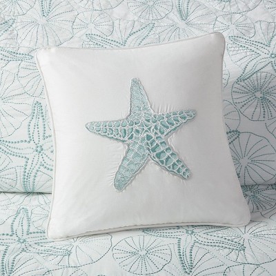 Kumasinova 16" Square Bed Pillows,Cotton Couch Pillows with Starfish Embroidery Design,Decorative Pillows for Bed and Sofa,White