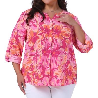 Agnes Orinda Women's Plus Size Long Sleeve Notched V-Neck Floral Button-Down Blouse