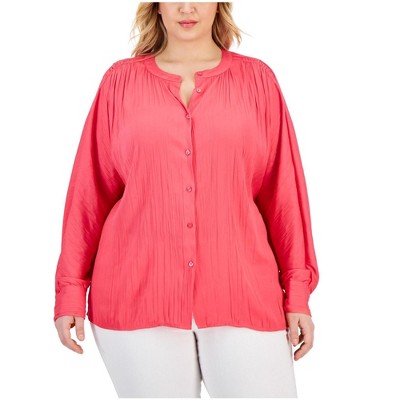 Calvin Klein Womens Shirred Pullover Blouse, Pink, 1X