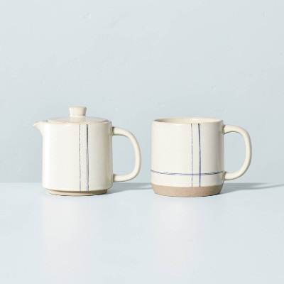Engineered Stripe Stoneware Coffee Pot & Mug Set Blue/Sour Cream - Hearth & Hand™ with Magnolia