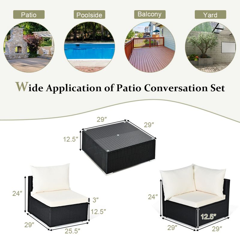 Costway 7PCS Patio Rattan Furniture Set Sectional Sofas Off White & Black Cushion Covers, 3 of 11