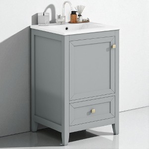 20" Bathroom Vanity with Ceramic Sink, Soft-Close Door, Storage Rack, Drawer, Freestanding MDF Cabinet - 1 of 4
