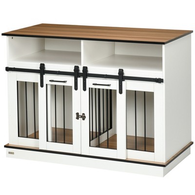 White Dual-Door Dog Crate Table with Shelves