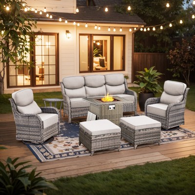 Buenhomino 7 Pieces Patio Furniture Sets with Fire Pit Table, Wicker High Back Outdoor Swivel Rocking Chairs Set with 3-Seat Couch, Ottomans and Table