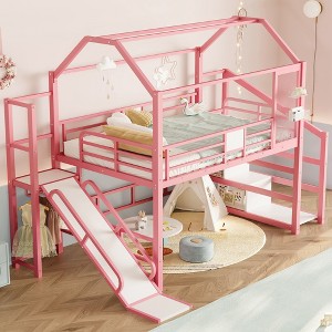 KWPZQEB Twin/Full Size Loft Bed, Metal Bed Frame with Slide & Stairs, Kid Playhouse with Storage Shelves & House-shaped Roof, Noise-free Design - 1 of 4