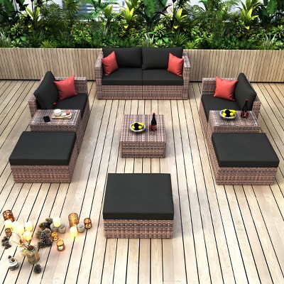 10 Piece Outdoor Patio PE Wicker Rattan Sofa Set,Metal Frame Cushions Conversation Set,Sectional Detachable Lounger with Coffee Table-Coolbibila