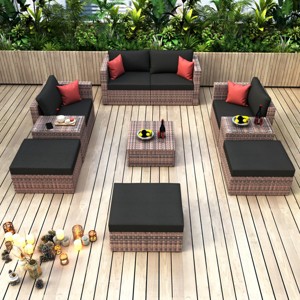 10 Piece Outdoor Patio PE Wicker Rattan Sofa Set,Metal Frame Cushions Conversation Set,Sectional Detachable Lounger with Coffee Table-Coolbibila - 1 of 4