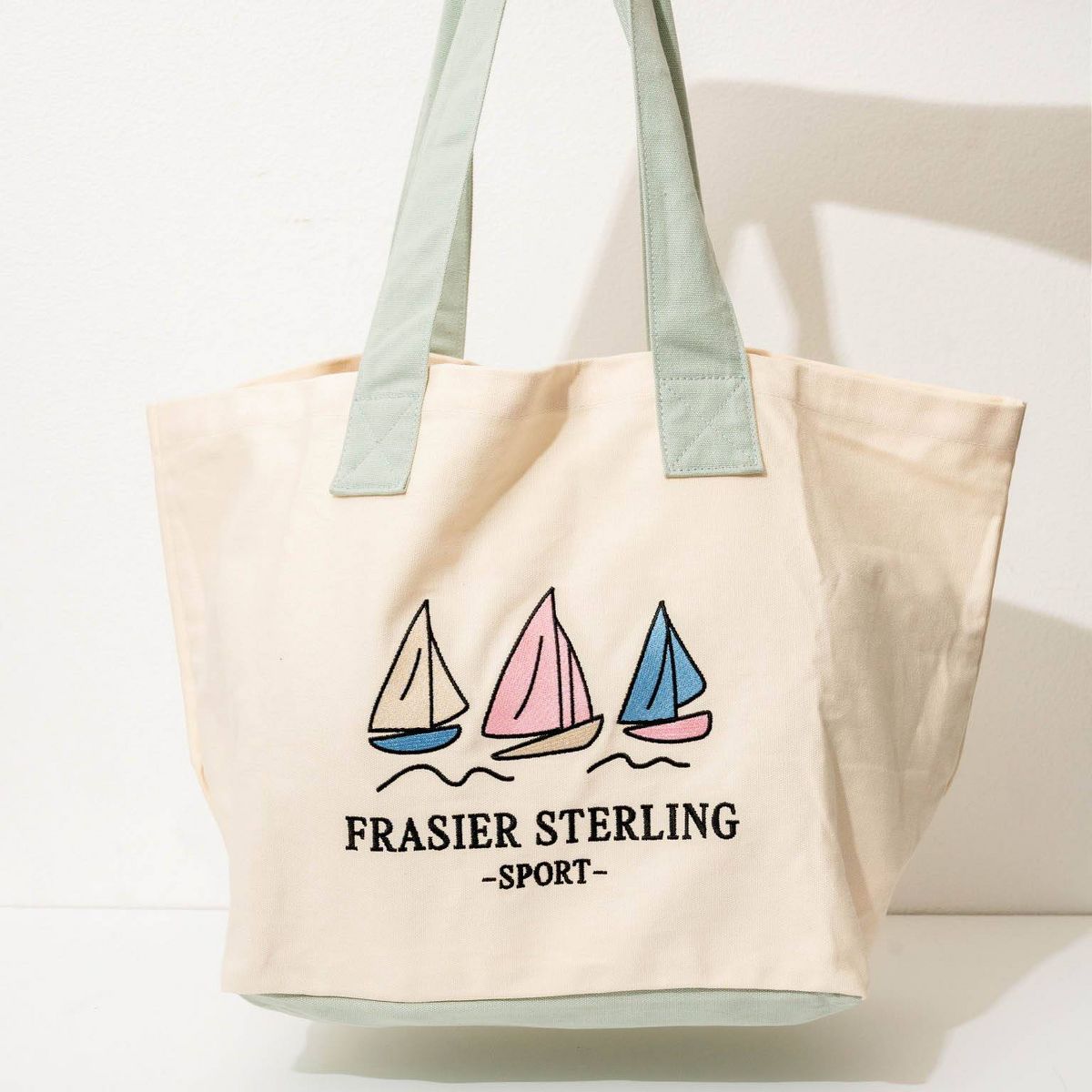 Frasier Sterling Sport Sail Boats Tote Bag Cream/Mint: Unstructured Cotton Canvas Handbag