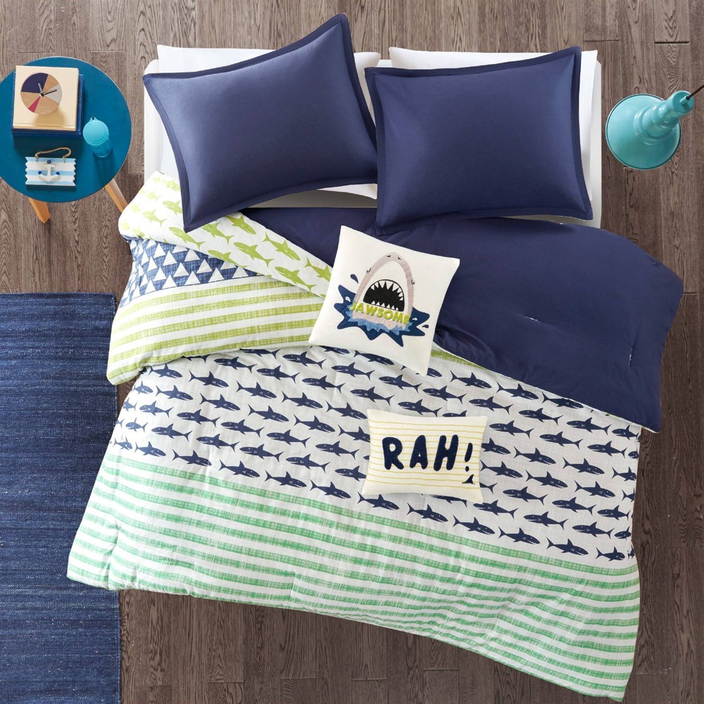 Photos - Duvet Twin/Twin XL Luke Cotton Shark Print Reversible Kids' Comforter Set Green/