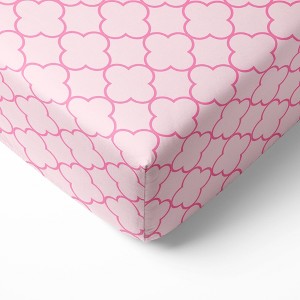 Bacati - Pink Quatrofoile Printed 100 percent Cotton Universal Baby US Standard Crib or Toddler Bed Fitted Sheet - 1 of 4