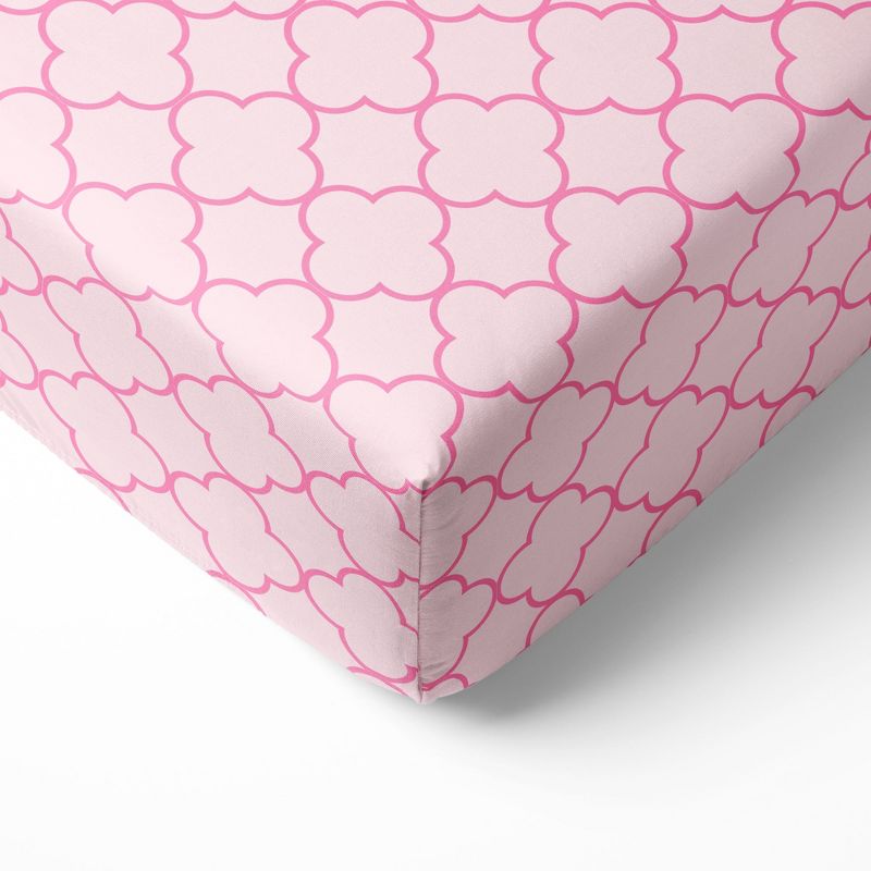 Bacati - Pink Quatrofoile Printed 100 percent Cotton Universal Baby US Standard Crib or Toddler Bed Fitted Sheet, 1 of 7