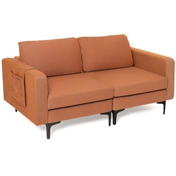 Costway Modern Loveseat Linen Fabric 2-Seat Sofa Couch w/ Side Storage Pocket Green\Orange