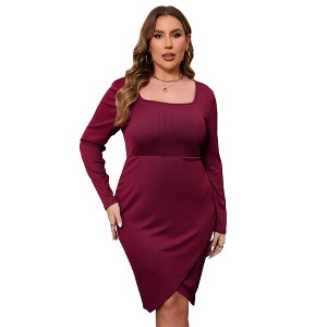 BLUEMING Womens Plus Size Cocktail Dress Long Sleeve Wedding Guest Basic Square Neck Semi Formal Midi Dress - 1 of 4