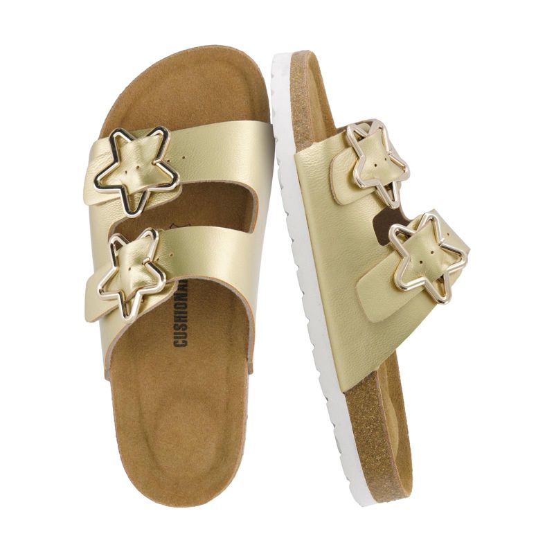 CUSHIONAIRE Lily Girl Sandals with Adjustable Gold Tone Star Buckles and Cushioned Cork Footbed Slip On Girls Slides for Kids, GOLD 1