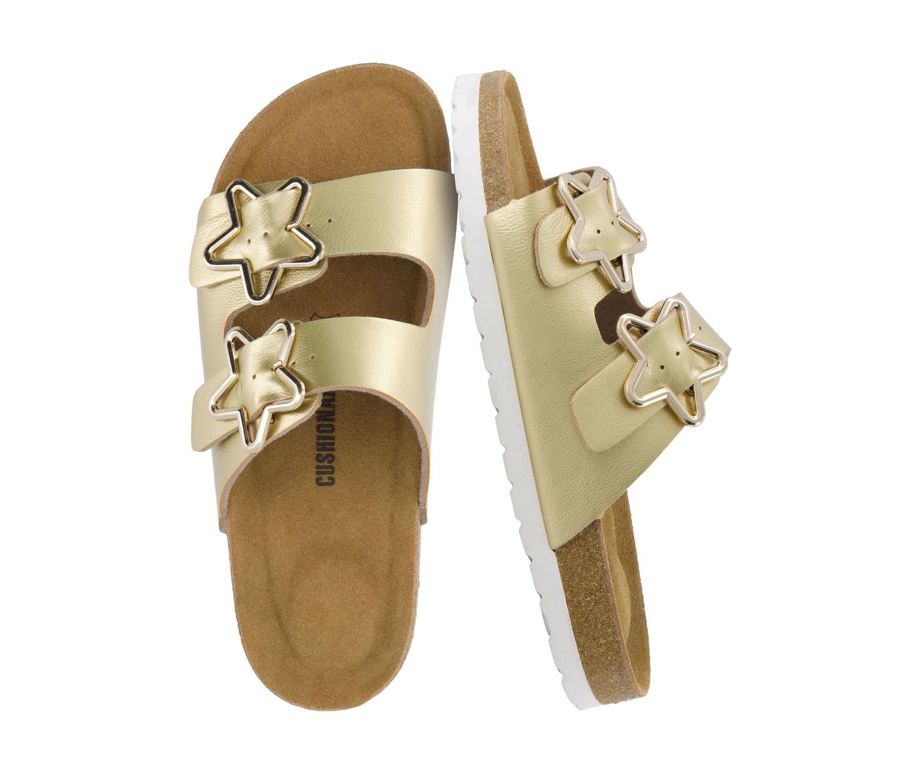 CUSHIONAIRE Lily Girl Toddler Sandals with Adjustable Gold Tone Star Buckles and Cushioned Cork Footbed Slip On Girls Slides for Kids