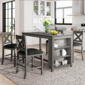 5-Piece Rustic Farmhouse Dining Table Set Dining Set with Counter Bar Height Dining Table, 2 Dining Chairs and 2 Stools, Gray/White-ModernLuxe - 1 of 4