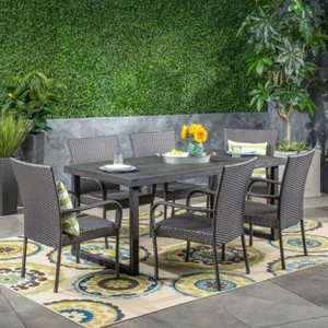 Mayhill 7pc Acacia Wood and Wicker Dining Set: Weather-Resistant, 6 Arm Chairs - Christopher Knight Home - 1 of 4